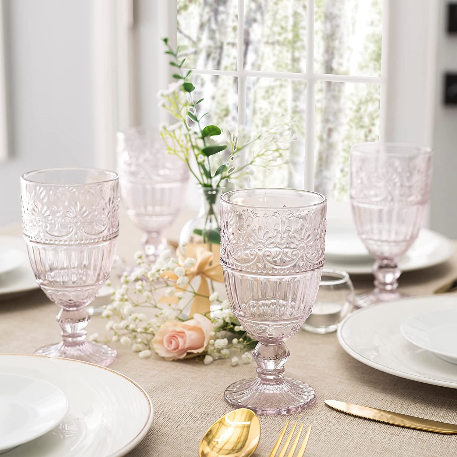 Whole Housewares | Colored Glass Goblet 11 Oz Embossed Design Wedding Glass Set | 1