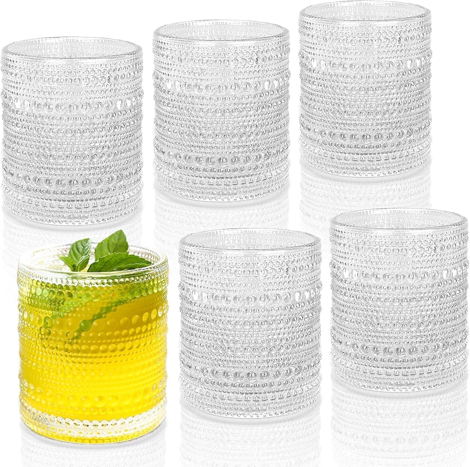 KitchenKey Cocktail Glasses 10 oz Hobnail Drinking Glasses Set of 6, Vintage Glassware, Textured Glass Cups Bubble Glasses Water Glasses Old Fashion Jupiter Glasses Set, Green