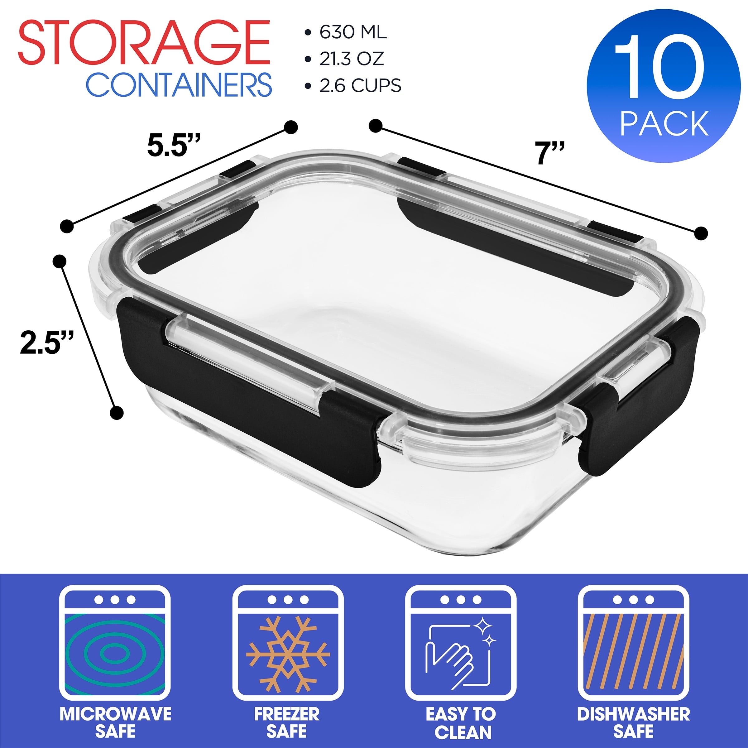 Sorbus Rectangular Glass Meal Prep Containers Set of 10 with Airtight Lids (20pcs)