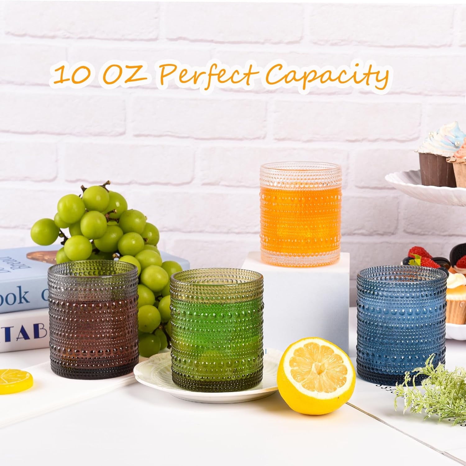 KitchenKey Cocktail Glasses 10 oz Hobnail Drinking Glasses Set of 6, Vintage Glassware, Textured Glass Cups Bubble Glasses Water Glasses Old Fashion Jupiter Glasses Set, Green