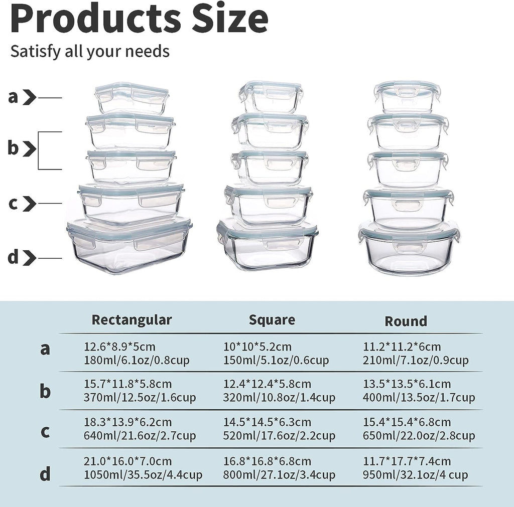 WhiteRhino 15 Packs Glass Food Storage Container with Lids,Stackable Square Meal Prep Containers for Kitchen,Round Glass Lunch Box