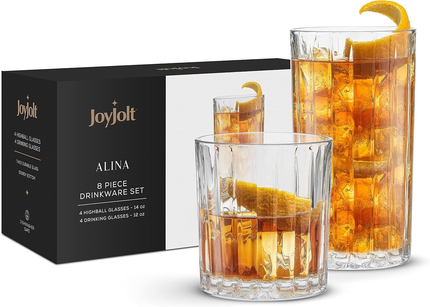 JoyJolt Alina Clear Ribbed Glass Drinking Glass Set, Highball Glasses and Tumbler Glasses - Set of 8