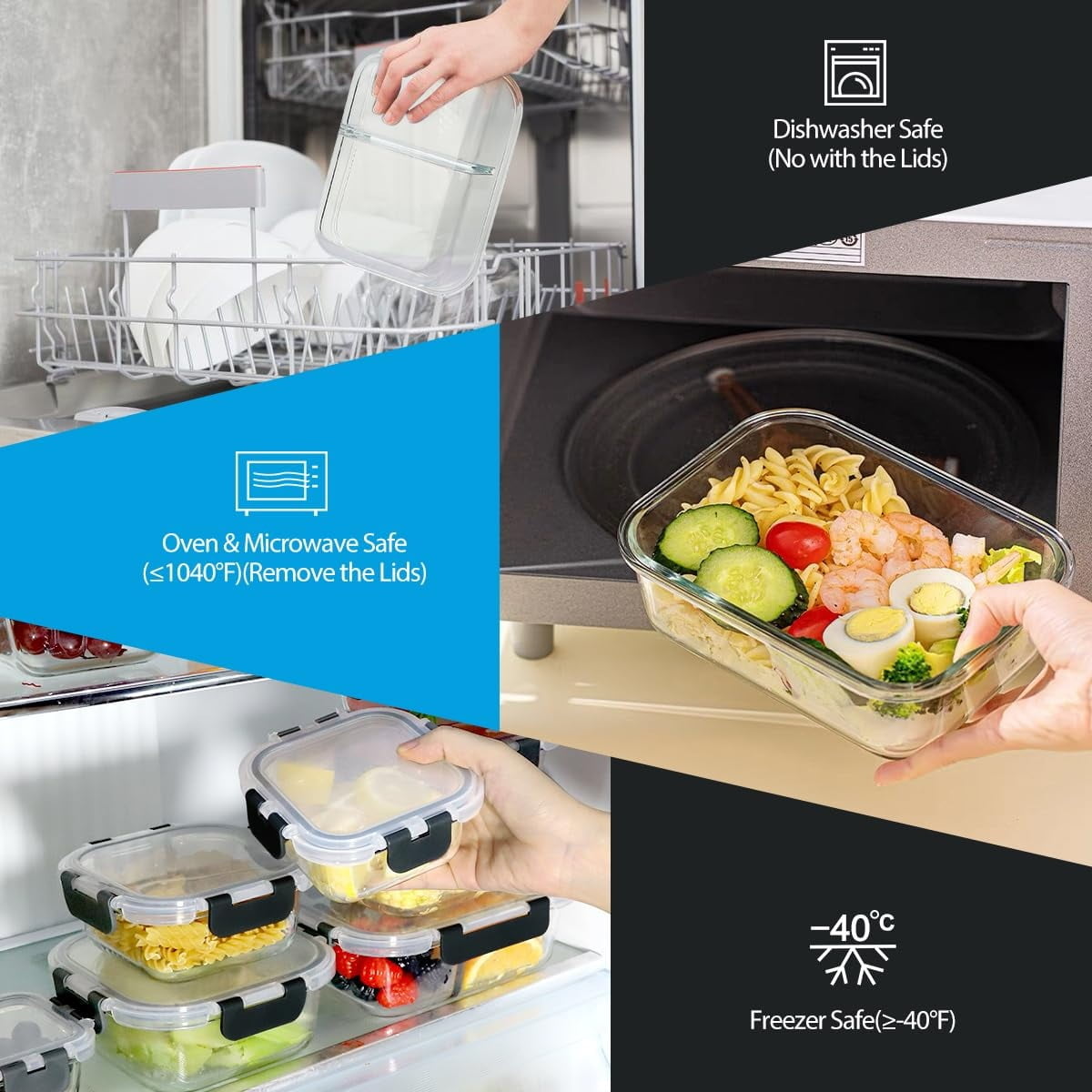 TAIMASI 42 Pcs Glass Food Storage Containers Set with Snap Locking Lids, 21 Containers & 21 Lids, Glass Meal Prep Lunch Box Containers, Black