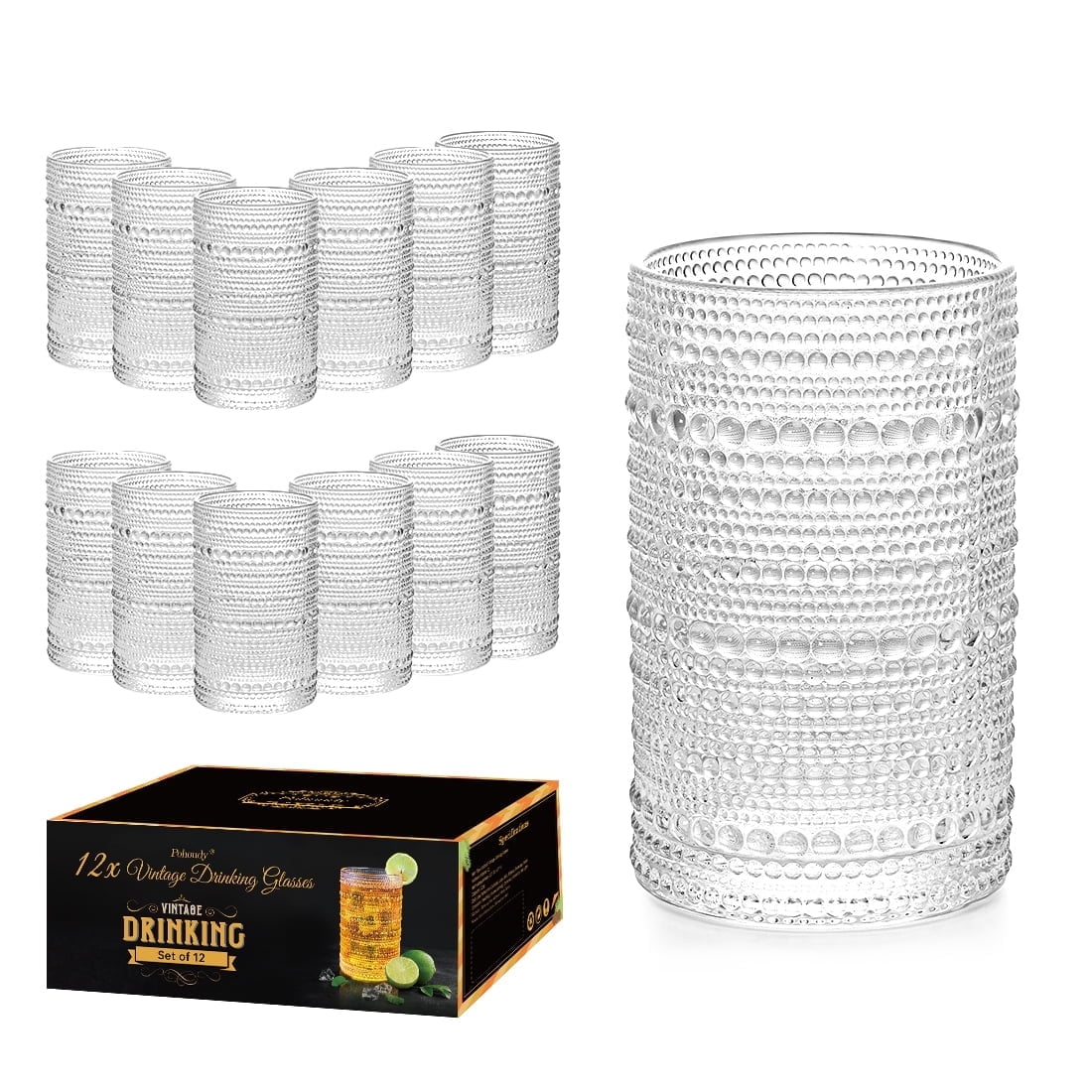 Pohoudy 13 oz Vintage, Hobnail Beaded Highball Glasses (Set of 12)
