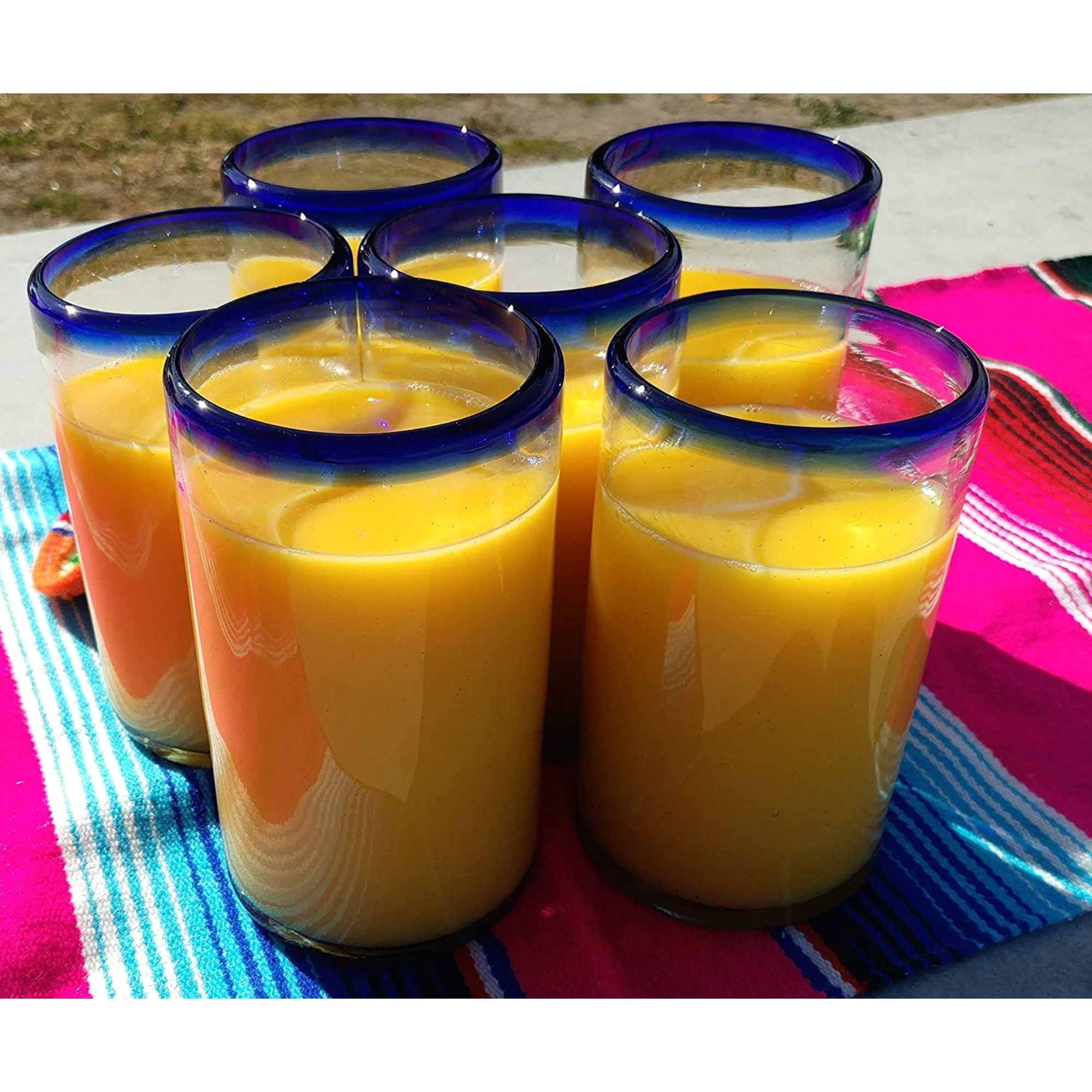 Hand Blown Drinking Glasses – Set of 6 Glasses with Cobalt Blue Rims 14 oz.