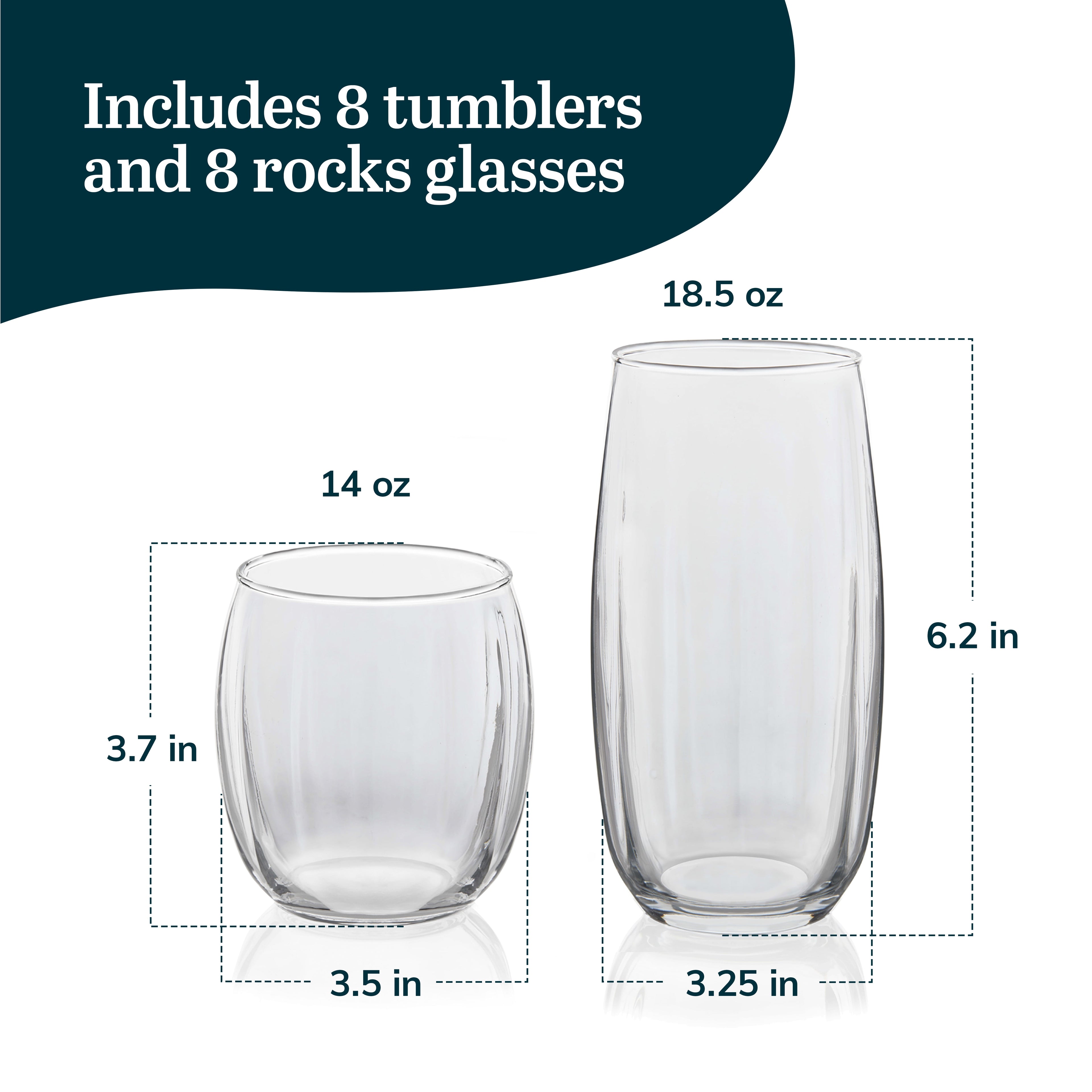 Libbey Samba Tumbler and Rocks Glasses Set of 16, All Purpose Everyday Drinking Glasses Set, Dishwasher Safe Kitchen Glassware Set for Holidays Events