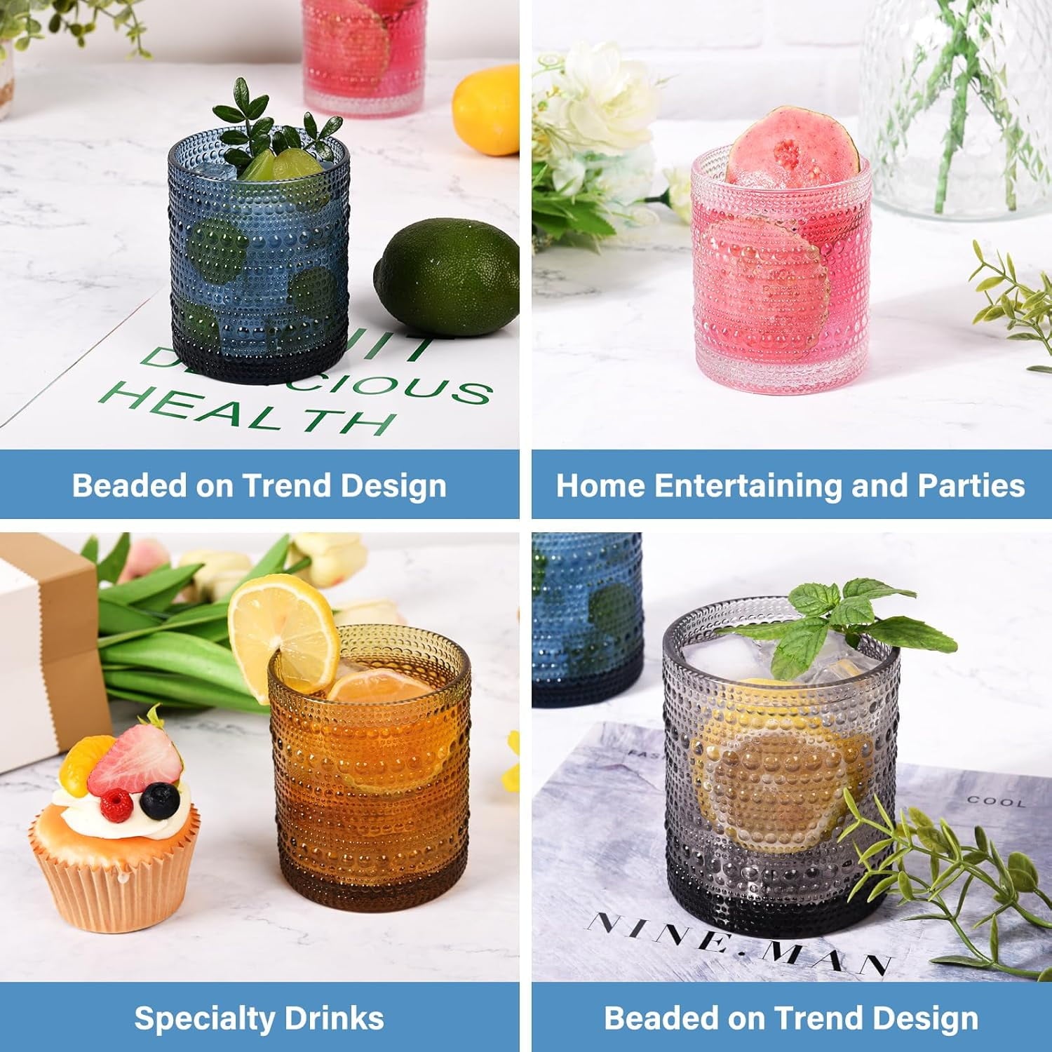 KitchenKey Cocktail Glasses 10 oz Hobnail Drinking Glasses Set of 6, Vintage Glassware, Textured Glass Cups Bubble Glasses Water Glasses Old Fashion Jupiter Glasses Set, Green