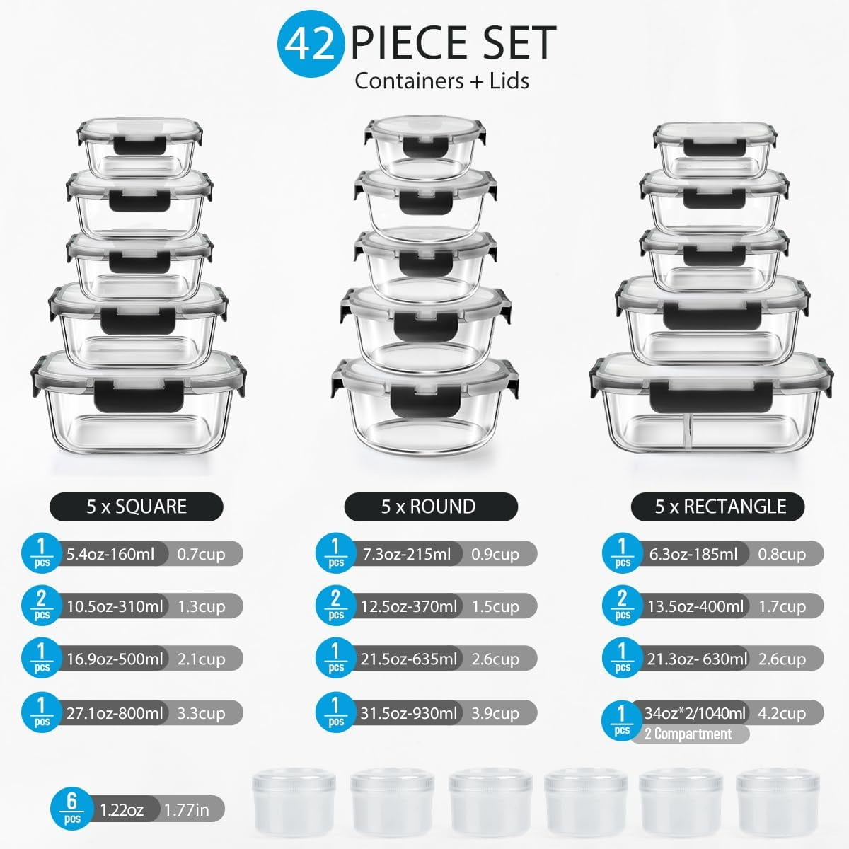 TAIMASI 42 Pcs Glass Food Storage Containers Set with Snap Locking Lids, 21 Containers & 21 Lids, Glass Meal Prep Lunch Box Containers, Black